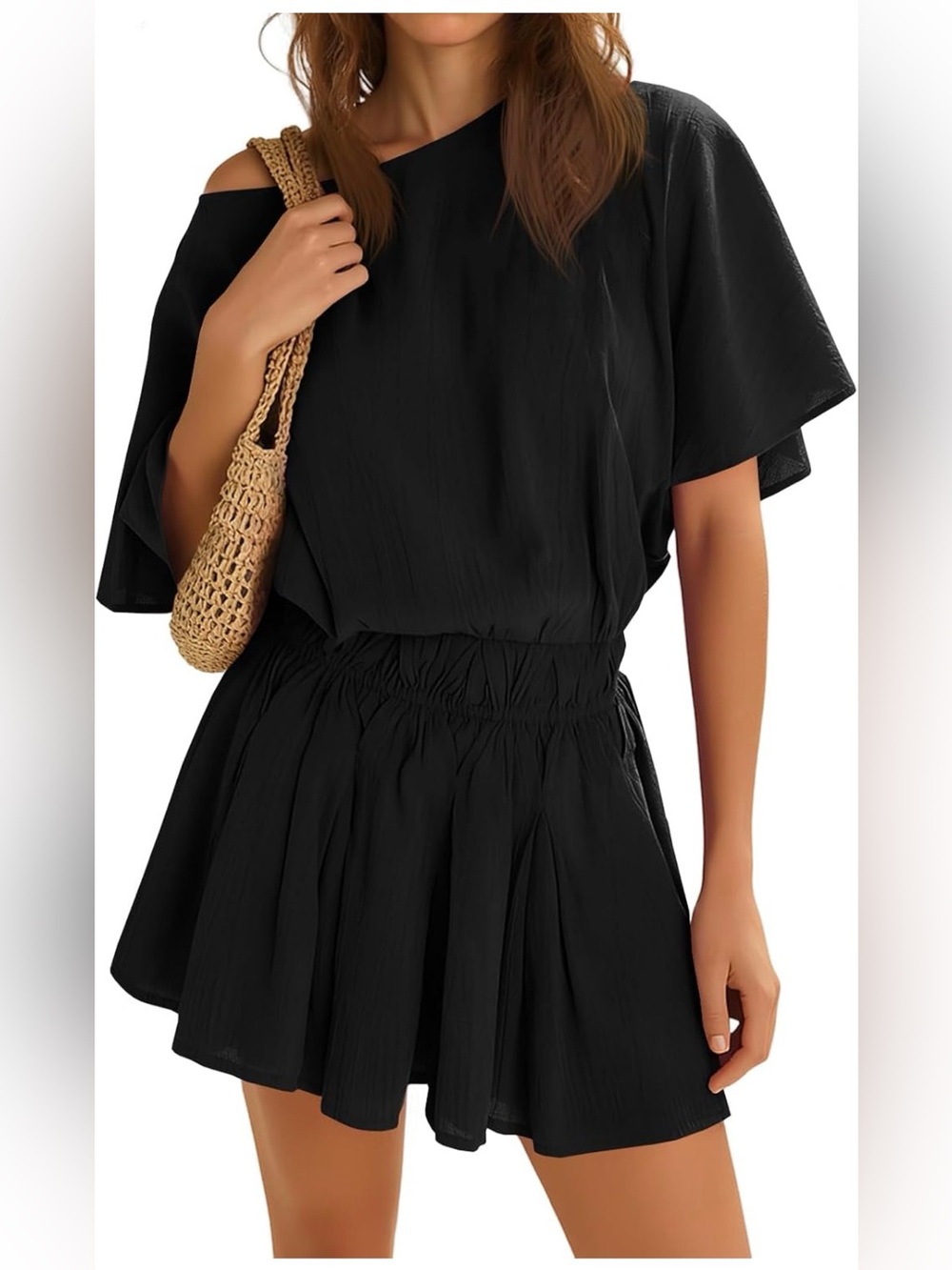 Black One-Shoulder Short Dress with Elastic Waist - Picture 1 of 1